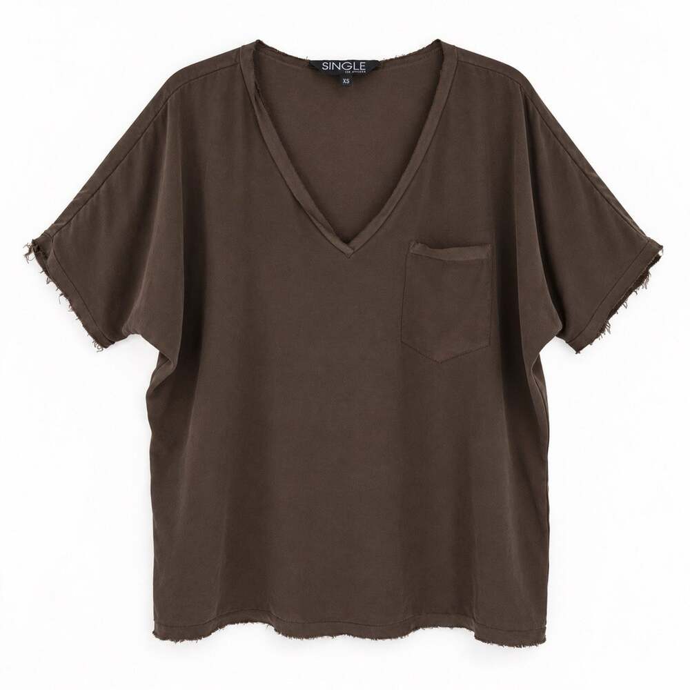 Single Los Angeles Blouse Oversize XS Raw Hem Brown 100% Silk Pullover Retro